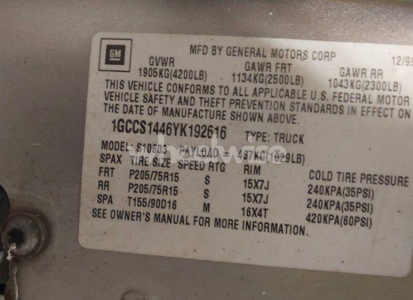 Photo 9 of 2000 Chevrolet S-10 LS (VIN 1GCCS1446YK192616)