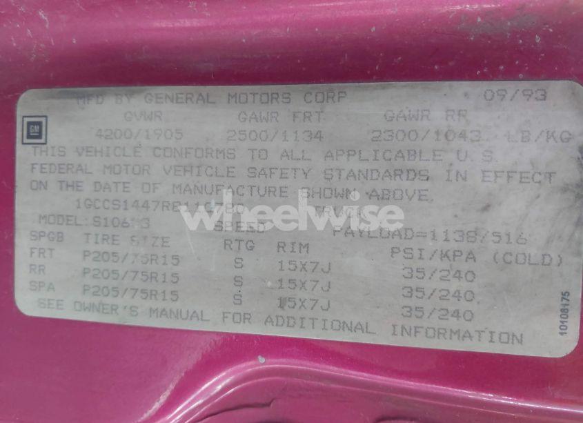 Photo 9 of 1994 Chevrolet S TRUCK S10 (VIN 1GCCS1447R8110780)