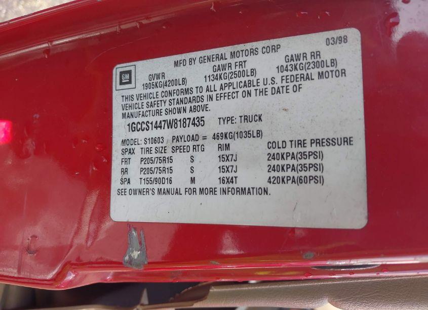 Photo 9 of 1998 Chevrolet S-10 FLEETSIDE (VIN 1GCCS1447W8187435)