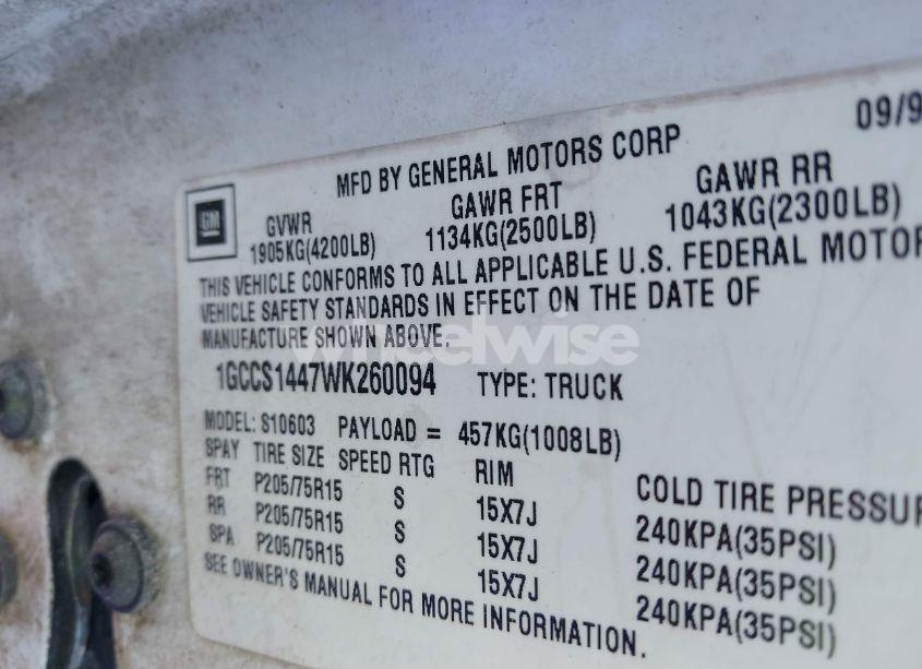 Photo 9 of 1998 Chevrolet S-10 LS FLEETSIDE (VIN 1GCCS1447WK260094)