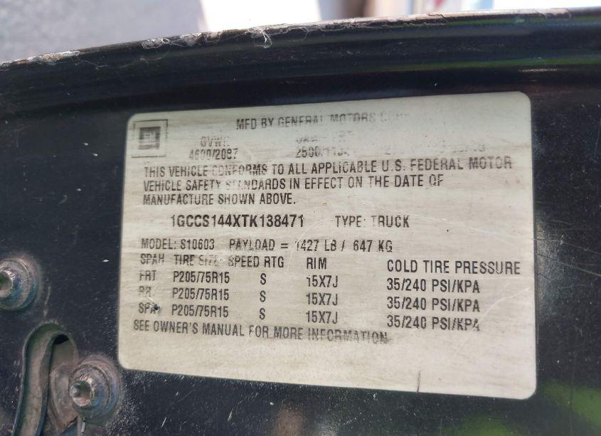 Photo 9 of 1996 Chevrolet S TRUCK S10 (VIN 1GCCS144XTK138471)