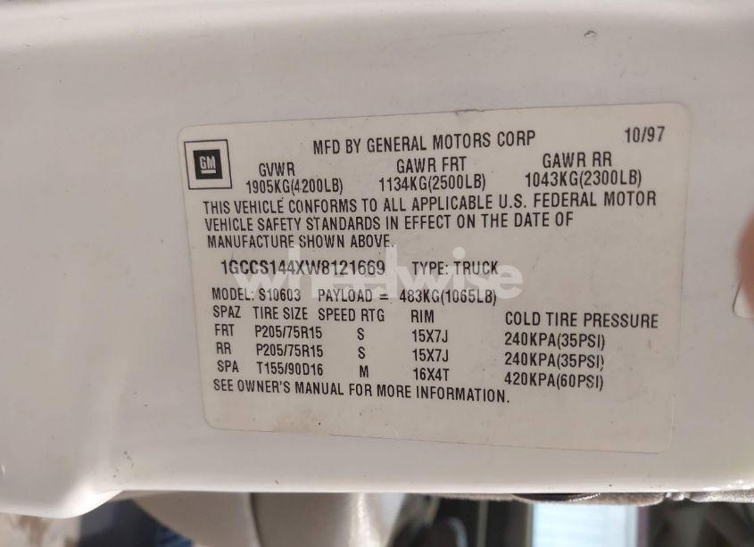 Photo 9 of 1998 Chevrolet S-10 LS FLEETSIDE (VIN 1GCCS144XW8121669)