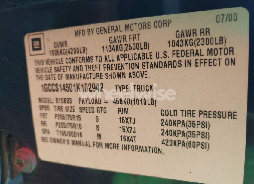 Photo 9 of 2001 Chevrolet S-10 LS (VIN 1GCCS14501K102942)