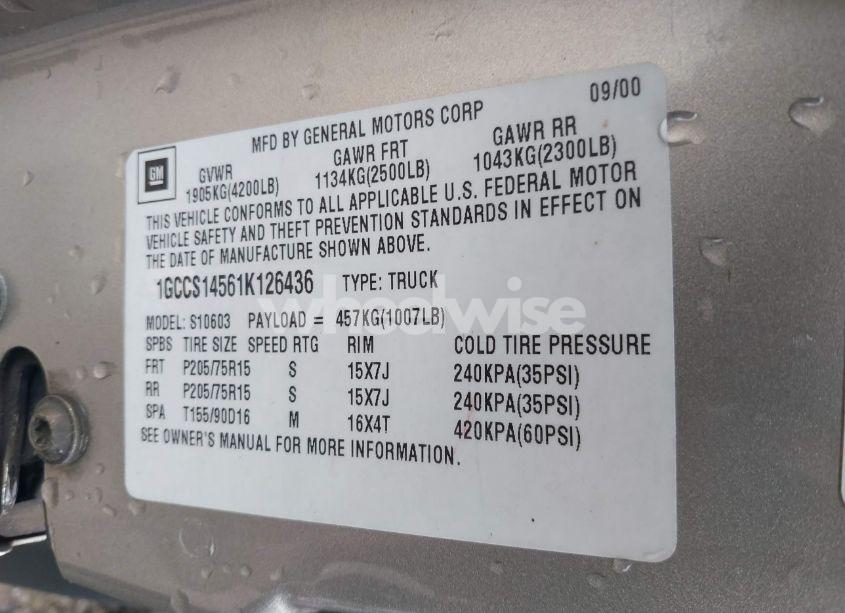 Photo 9 of 2001 Chevrolet S-10 LS (VIN 1GCCS14561K126436)