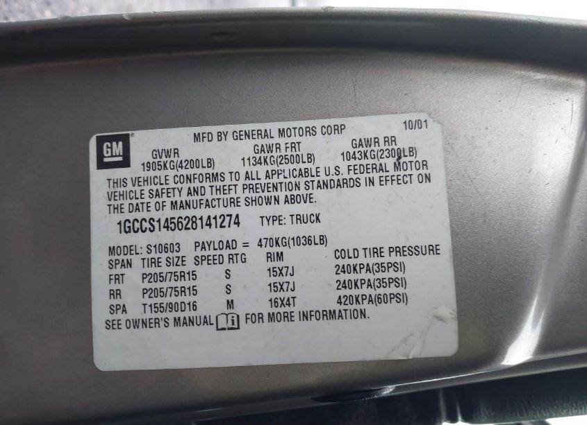 Photo 9 of 2002 Chevrolet S-10 LS (VIN 1GCCS145628141274)