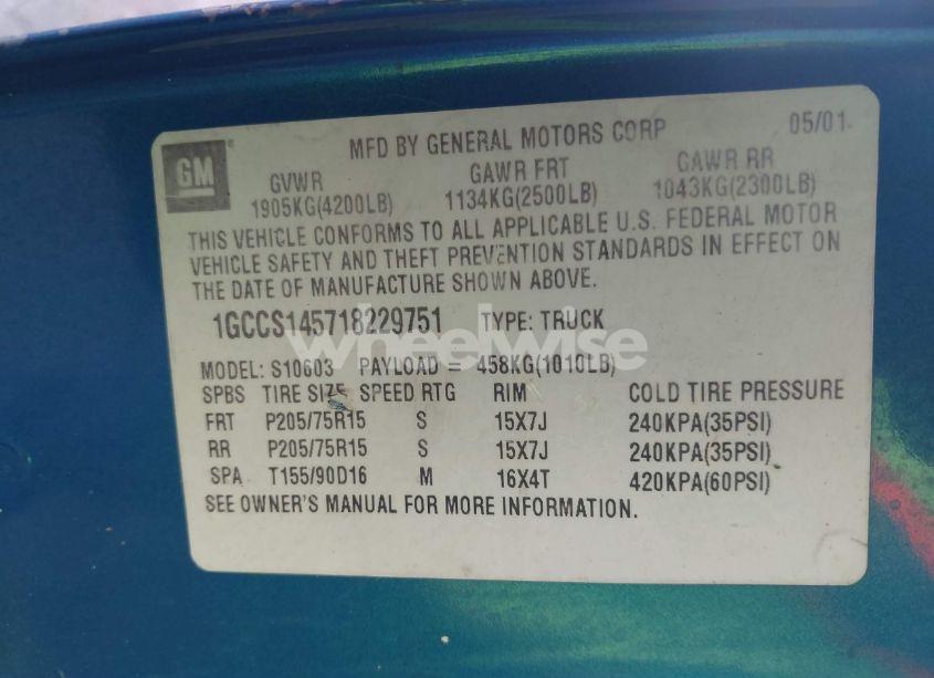 Photo 9 of 2001 Chevrolet S-10 LS (VIN 1GCCS145718229751)