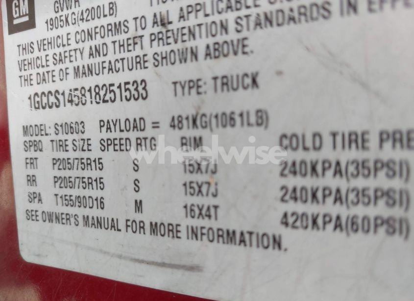 Photo 9 of 2001 Chevrolet S-10 (VIN 1GCCS145818251533)