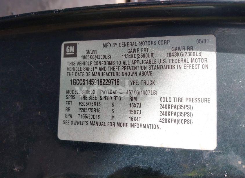 Photo 9 of 2001 Chevrolet S-10 LS (VIN 1GCCS145918229718)