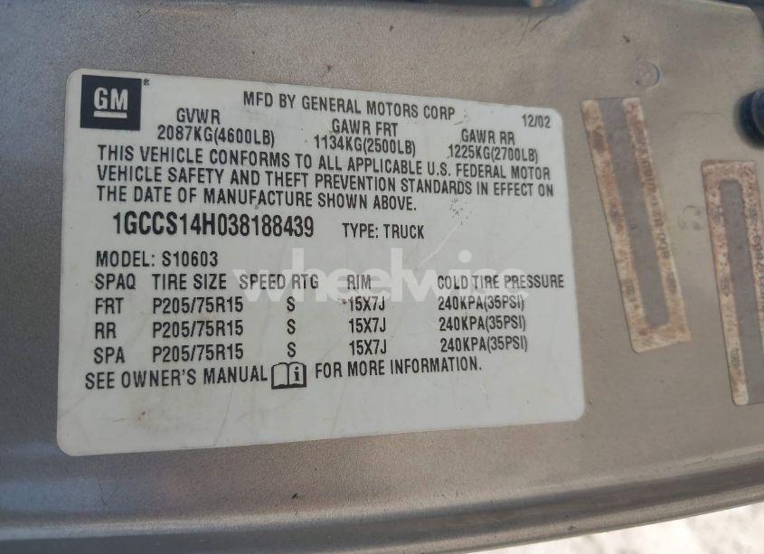 Photo 9 of 2003 Chevrolet S-10 (VIN 1GCCS14H038188439)