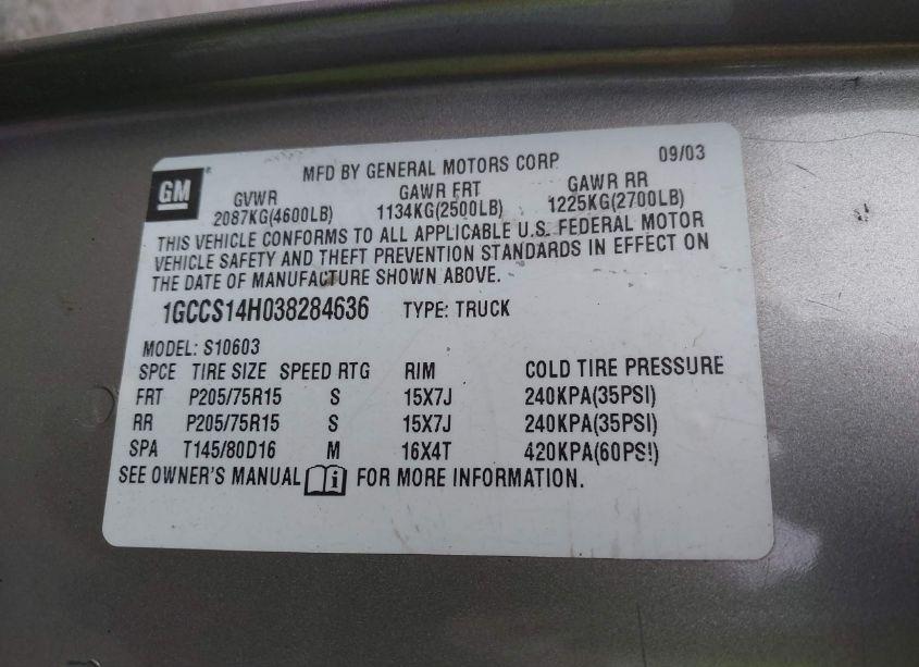 Photo 9 of 2003 Chevrolet S-10 (VIN 1GCCS14H038284636)