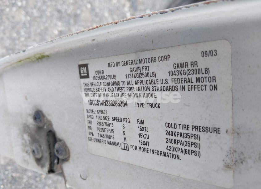 Photo 9 of 2003 Chevrolet S-10 (VIN 1GCCS14H238288364)