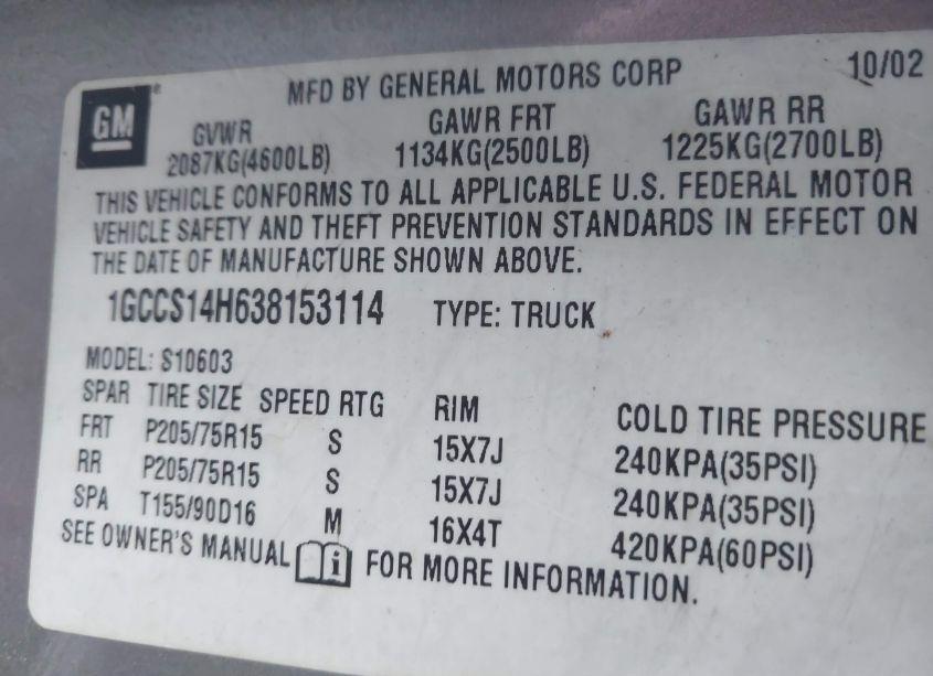 Photo 9 of 2003 Chevrolet S-10 (VIN 1GCCS14H638153114)