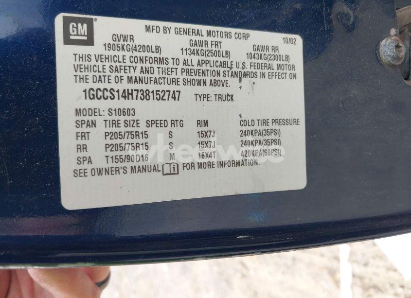 Photo 9 of 2003 Chevrolet S-10 (VIN 1GCCS14H738152747)