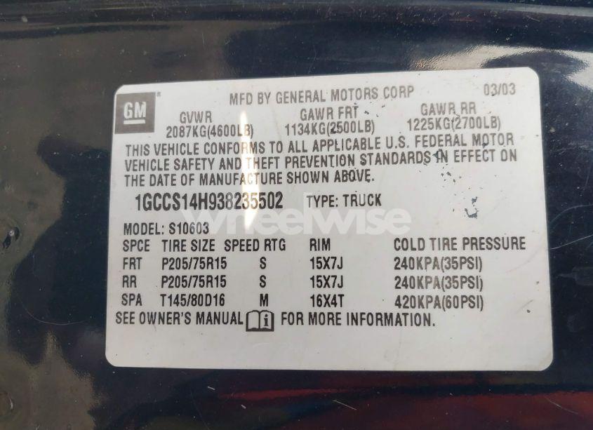 Photo 9 of 2003 Chevrolet S-10 (VIN 1GCCS14H938235502)