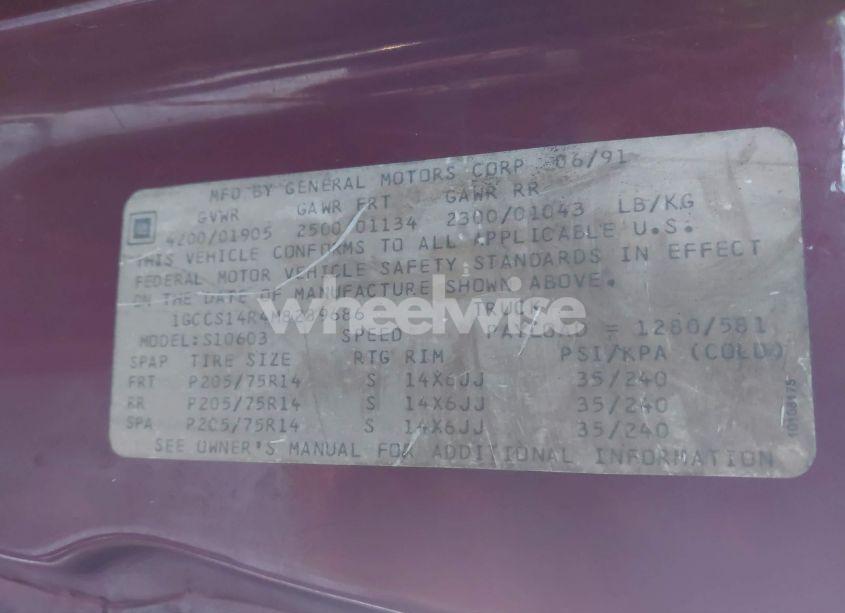 Photo 9 of 1991 Chevrolet S TRUCK S10 (VIN 1GCCS14R4M8289686)