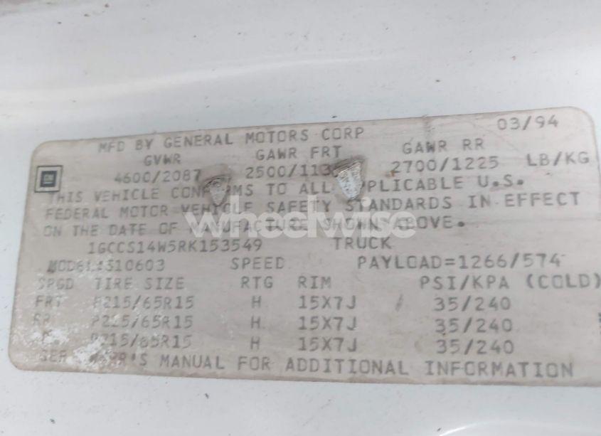 Photo 9 of 1994 Chevrolet S TRUCK S10 (VIN 1GCCS14W5RK153549)