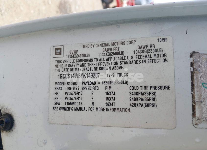 Photo 9 of 2000 Chevrolet S-10 LS (VIN 1GCCS14W5YK149287)