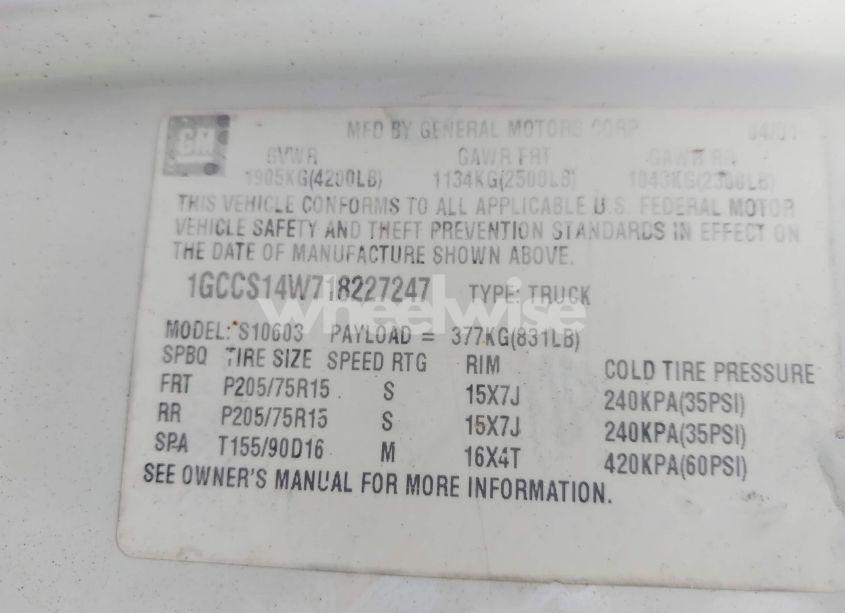 Photo 9 of 2001 Chevrolet S-10 (VIN 1GCCS14W718227247)