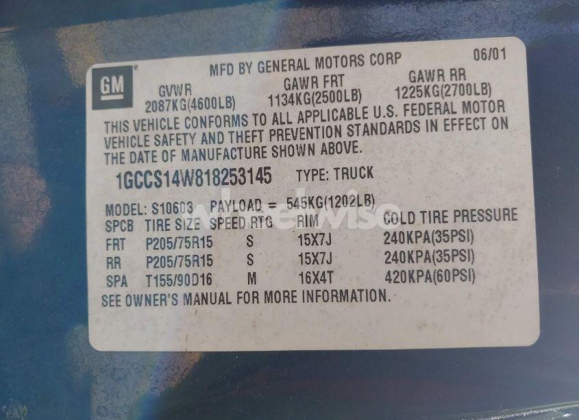 Photo 9 of 2001 Chevrolet S-10 LS (VIN 1GCCS14W818253145)