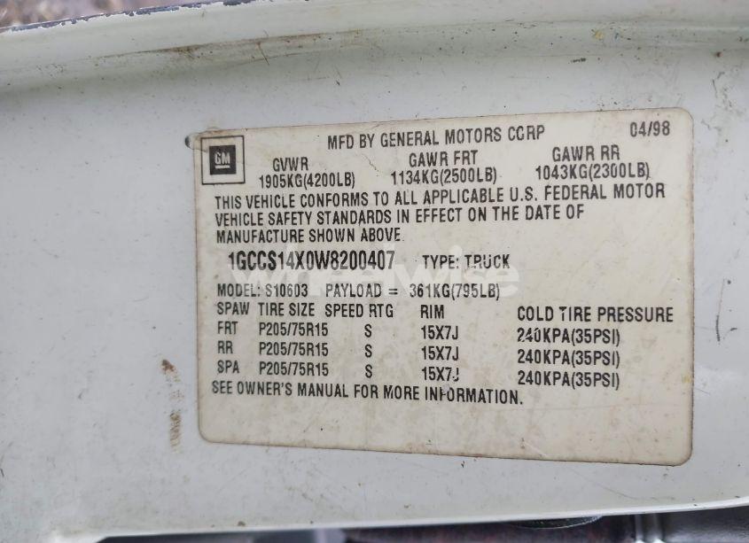 Photo 9 of 1998 Chevrolet S-10 LS FLEETSIDE (VIN 1GCCS14X0W8200407)