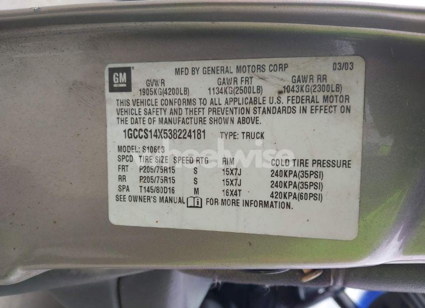 Photo 9 of 2003 Chevrolet S-10 LS (VIN 1GCCS14X538224181)