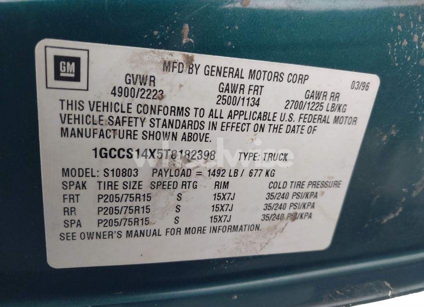 Photo 9 of 1996 Chevrolet S TRUCK S10 (VIN 1GCCS14X5T8182398)