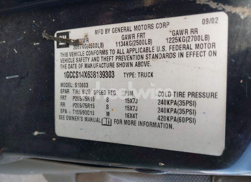 Photo 9 of 2003 Chevrolet S-10 LS (VIN 1GCCS14X638139303)