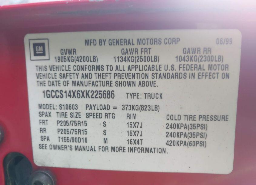 Photo 9 of 1999 Chevrolet S-10 LS (VIN 1GCCS14X6XK225686)