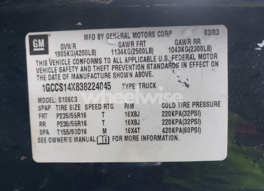 Photo 9 of 2003 Chevrolet S-10 LS (VIN 1GCCS14X838224045)