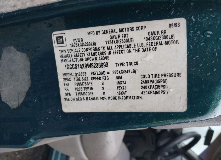 Photo 9 of 1998 Chevrolet S-10 FLEETSIDE (VIN 1GCCS14X9W8238993)