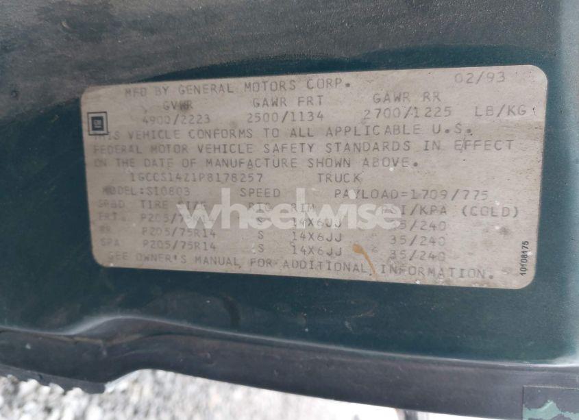 Photo 9 of 1993 Chevrolet S TRUCK S10 (VIN 1GCCS14Z1P8178257)