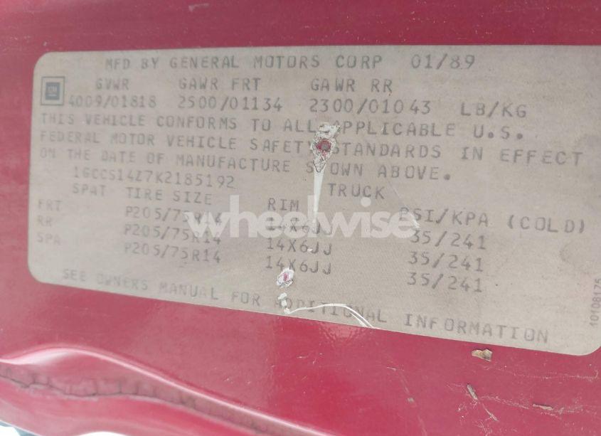 Photo 9 of 1989 Chevrolet S TRUCK S10 (VIN 1GCCS14Z7K2185192)