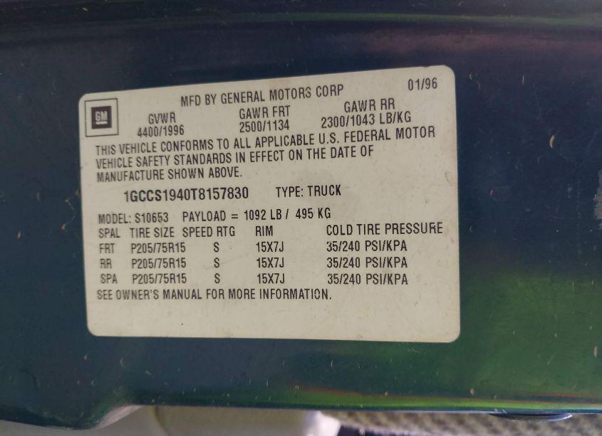 Photo 9 of 1996 Chevrolet S TRUCK S10 (VIN 1GCCS1940T8157830)