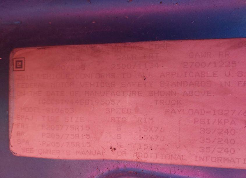 Photo 9 of 1995 Chevrolet S TRUCK S10 (VIN 1GCCS1944S8195057)