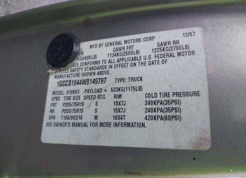 Photo 9 of 1998 Chevrolet S-10 LS FLEETSIDE CMI (VIN 1GCCS1944W8149797)