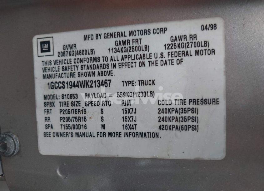 Photo 9 of 1998 Chevrolet S-10 LS FLEETSIDE (VIN 1GCCS1944WK213467)