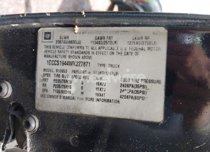 Photo 9 of 1998 Chevrolet S-10 LS FLEETSIDE (VIN 1GCCS1944WK227871)