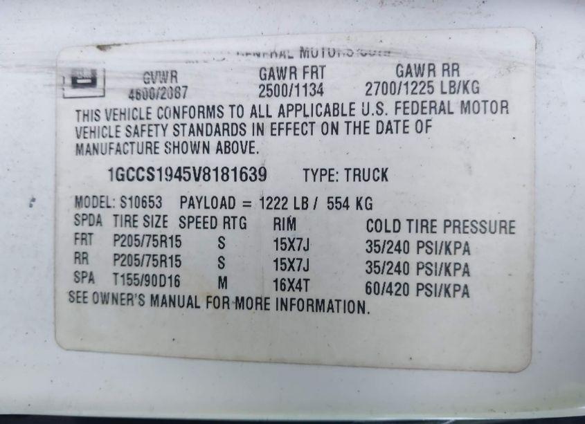 Photo 9 of 1997 Chevrolet S-10 LS SPORTSIDE (VIN 1GCCS1945V8181639)