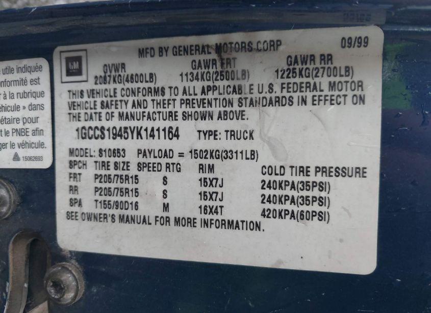 Photo 9 of 2000 Chevrolet S-10 (VIN 1GCCS1945YK141164)