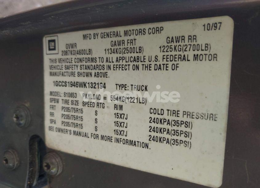 Photo 9 of 1998 Chevrolet S-10 LS FLEETSIDE (VIN 1GCCS1946WK132194)