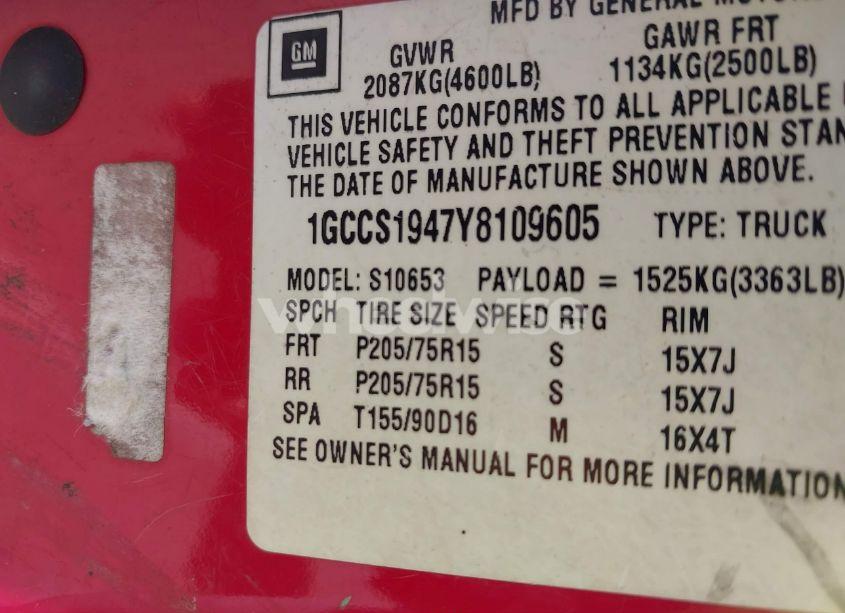 Photo 9 of 2000 Chevrolet S-10 LS (VIN 1GCCS1947Y8109605)