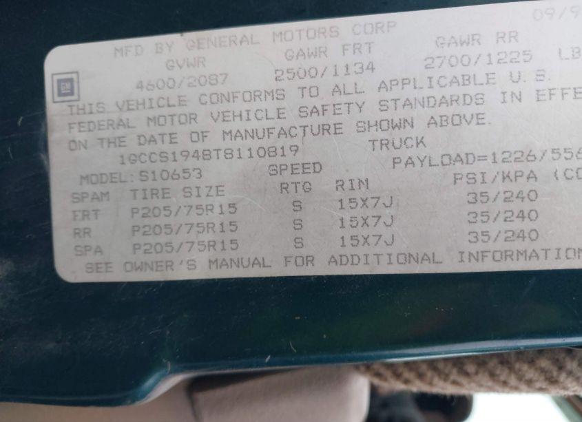 Photo 8 of 1996 Chevrolet S TRUCK S10 (VIN 1GCCS1948T8110819)