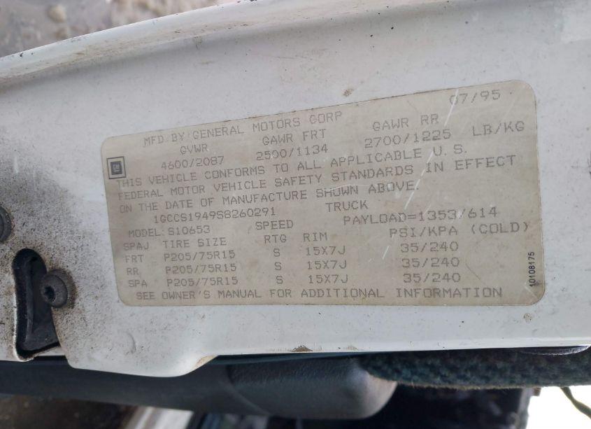 Photo 9 of 1995 Chevrolet S TRUCK S10 (VIN 1GCCS1949S8260291)