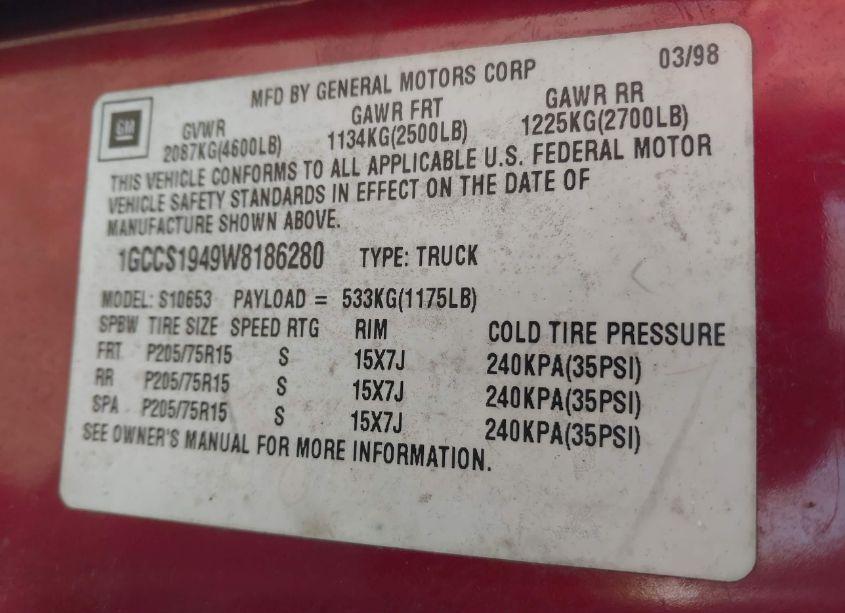 Photo 9 of 1998 Chevrolet S-10 LS FLEETSIDE (VIN 1GCCS1949W8186280)