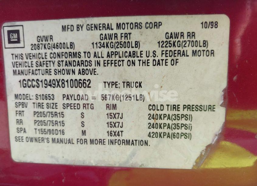 Photo 9 of 1999 Chevrolet S-10 LS (VIN 1GCCS1949X8100662)