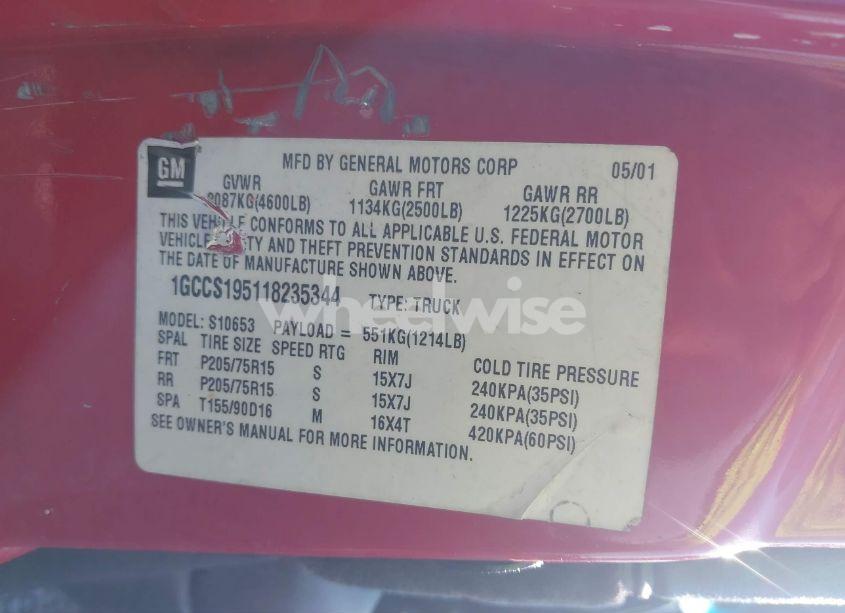 Photo 9 of 2001 Chevrolet S-10 LS (VIN 1GCCS195118235344)