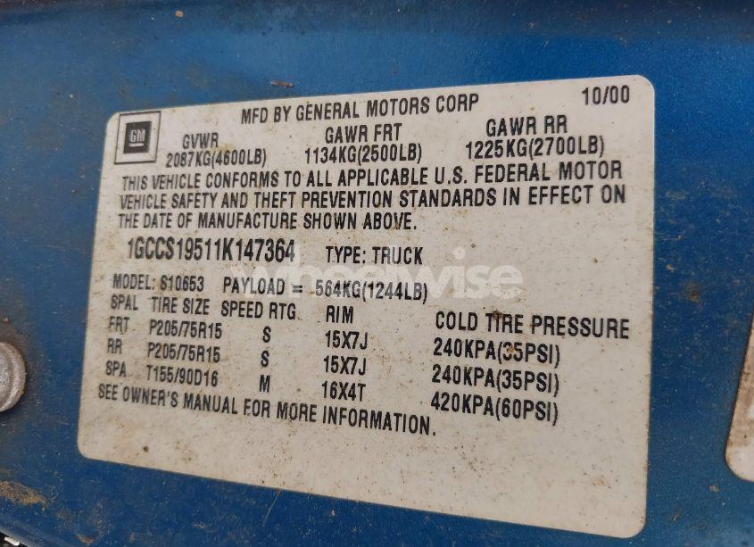 Photo 9 of 2001 Chevrolet S-10 LS (VIN 1GCCS19511K147364)