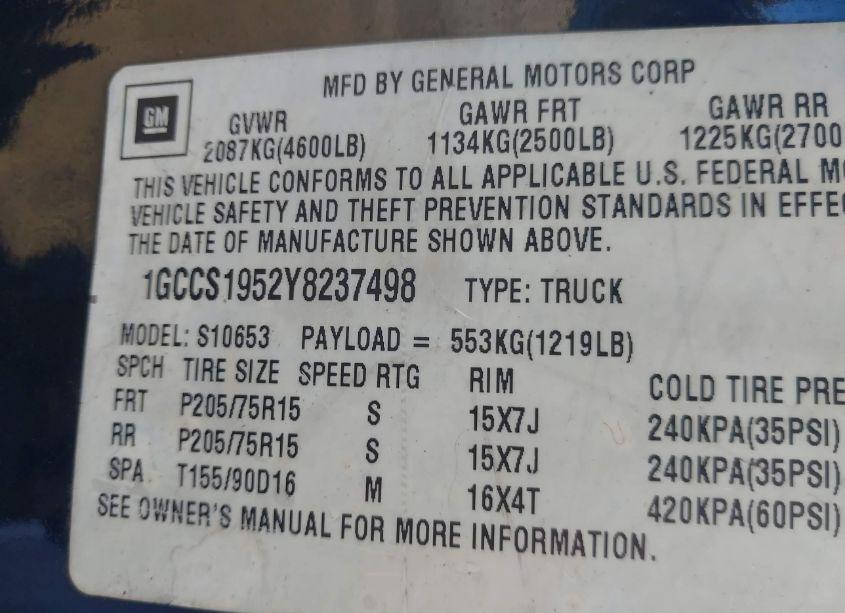 Photo 9 of 2000 Chevrolet S-10 LS (VIN 1GCCS1952Y8237498)