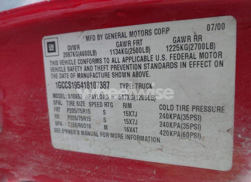 Photo 9 of 2001 Chevrolet S-10 LS (VIN 1GCCS195418107387)