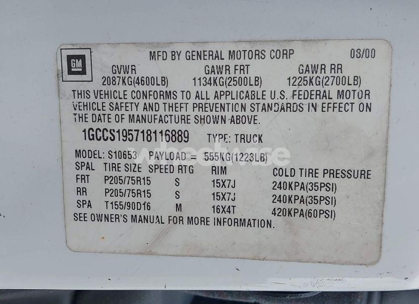 Photo 9 of 2001 Chevrolet S-10 LS (VIN 1GCCS195718116889)